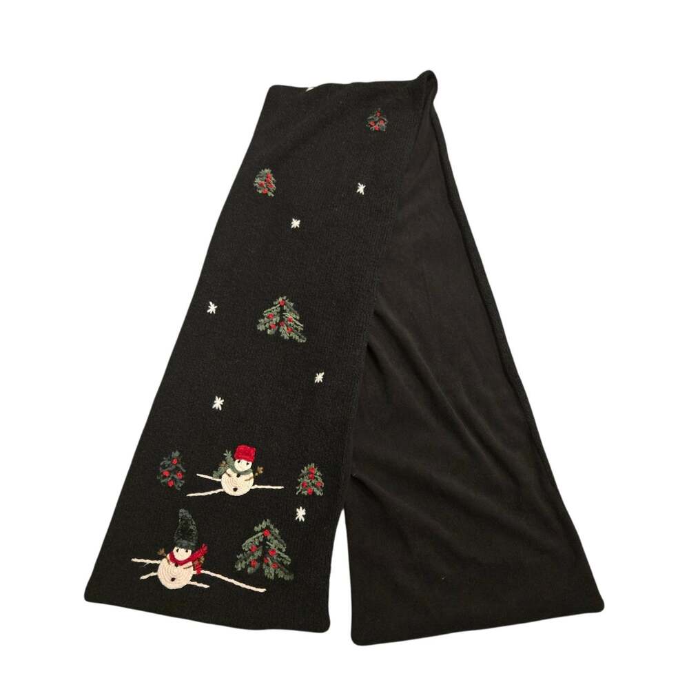 Vintage Talbots Black Embroidered Snowman Winter Raime Cotton Scarf 9x62"